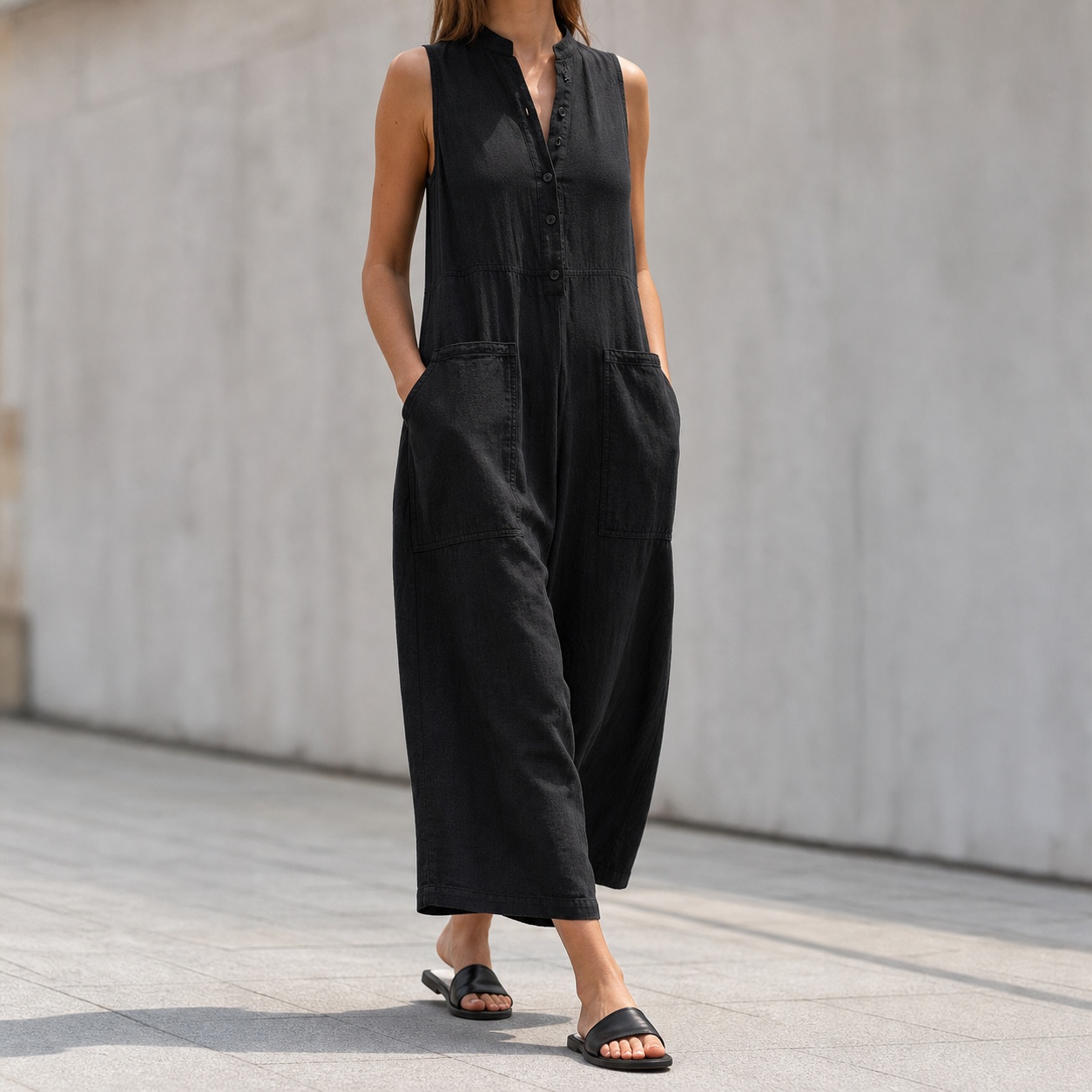 Jumpsuit Linen Relaxed - 여성용 민소매 만다린 칼라 루즈핏 솔리드