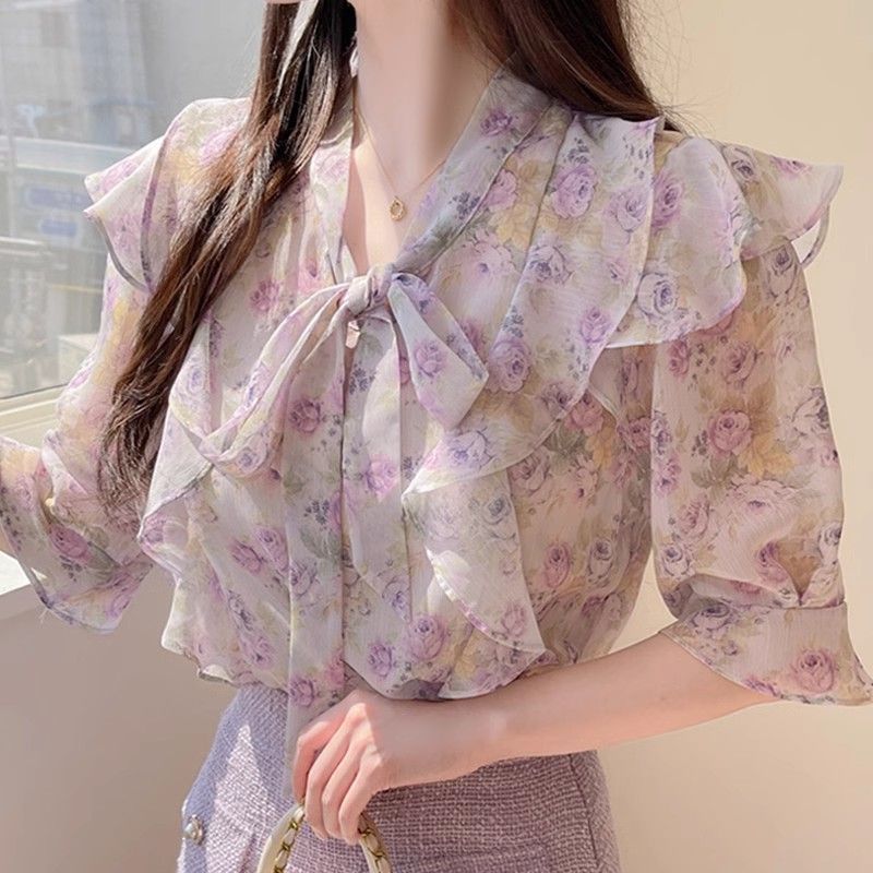 Romper Floral Print - 꽃무늬 리본매듭 쉬폰 여성용 반팔 여름