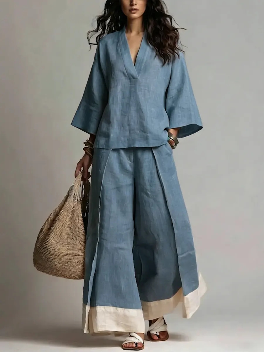 Linen Pant Wide - 여름 여성 V넥 코튼 린넨 세트