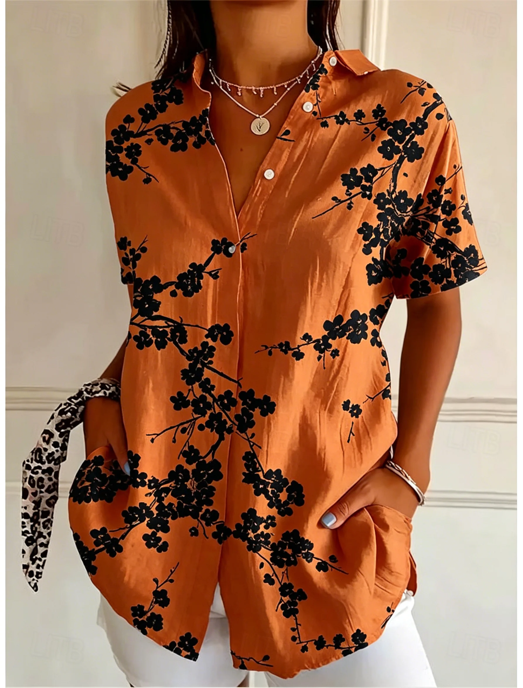 Romper Floral Print - 여성용 반팔 플로럴 프린트 버튼다운 캐주얼