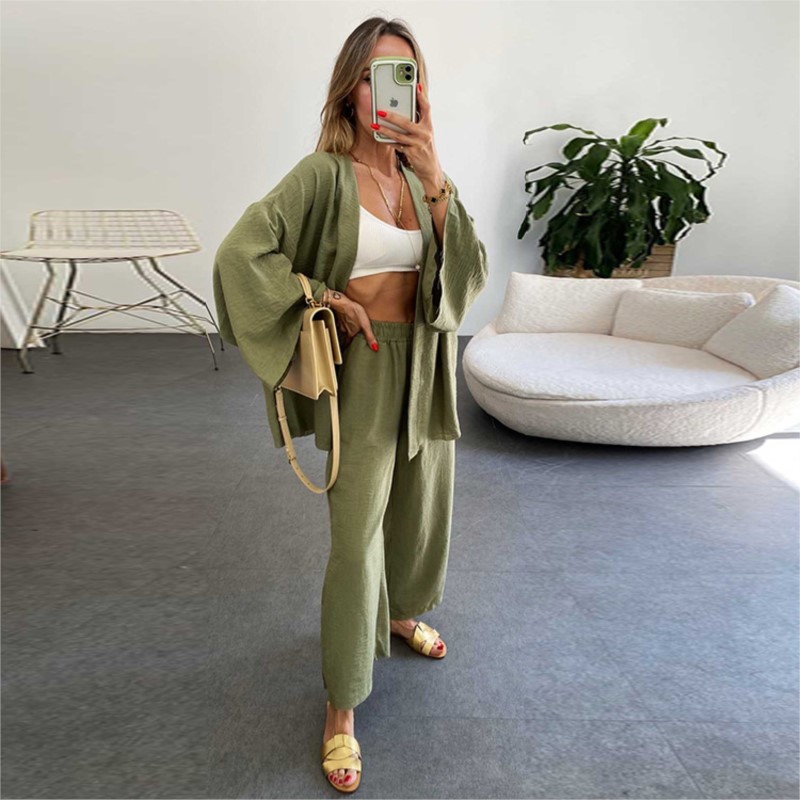 여성용 린넨 바지 세트, 박쥐 소매 가디건 블라우스 세 - Linen Pant Wide 리뷰 및 가격