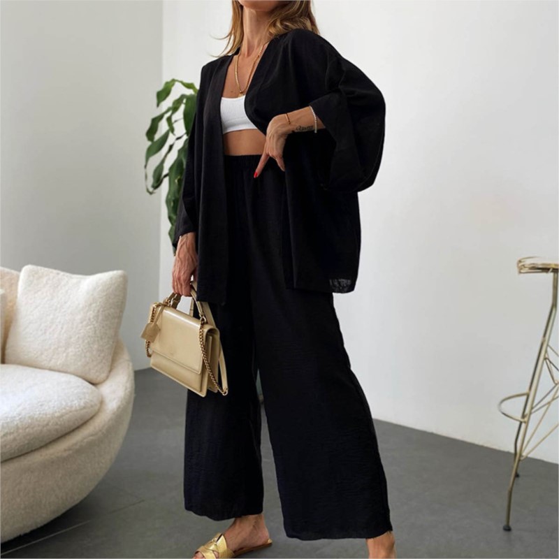 여성용 린넨 바지 세트, 박쥐 소매 가디건 블라우스 세 - Linen Pant Wide 리뷰 및 가격