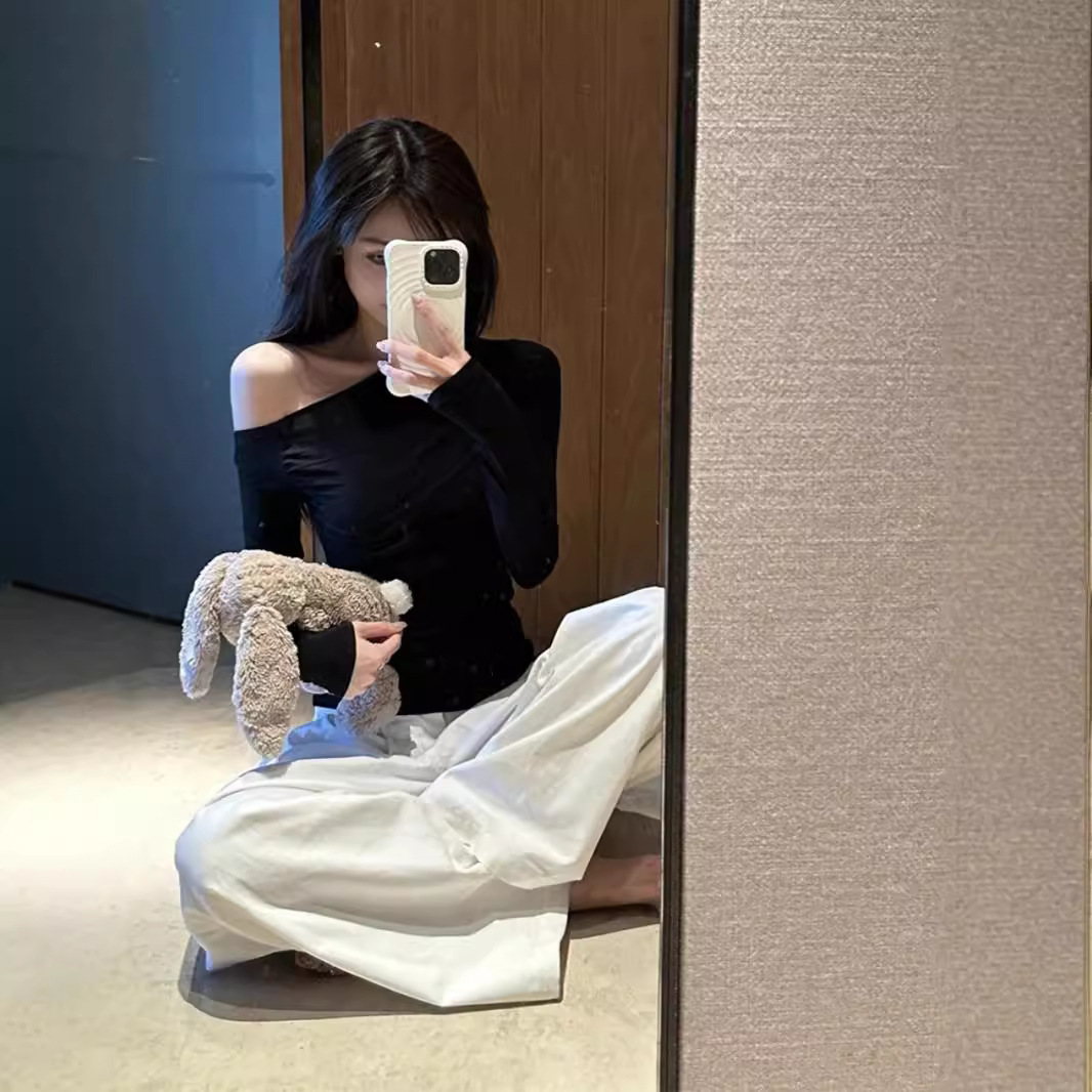 1pcs 봄 가을 패션 스큐 칼라 오프 어깨 긴팔 티셔 - Blouse Off Shoulder 리뷰 및 가격