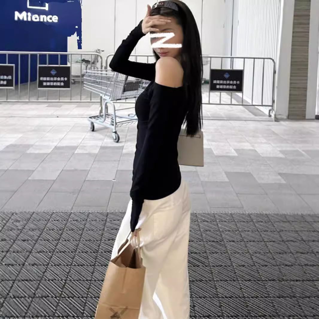 1pcs 봄 가을 패션 스큐 칼라 오프 어깨 긴팔 티셔 - Blouse Off Shoulder 리뷰 및 가격