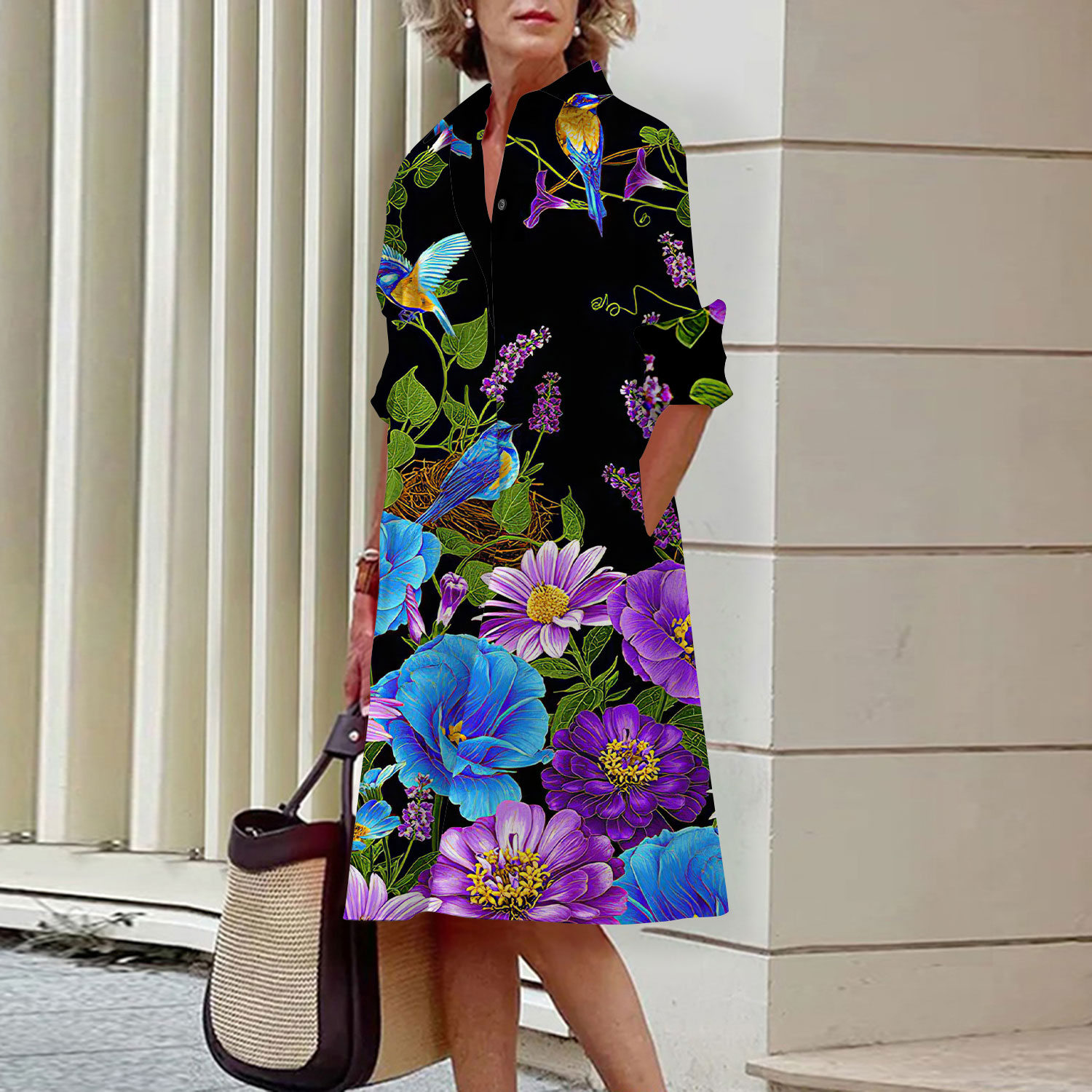 우아한 여성 꽃무늬 셔츠 드레스, 캐주얼 라펠 긴팔 미 - Midi Skirt Floral 리뷰 및 가격