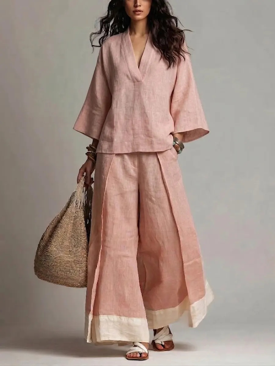 여름 여성 V넥 코튼 린넨 세트 프렌치 엘레강스 캐주얼 - Linen Pant Wide 리뷰 및 가격