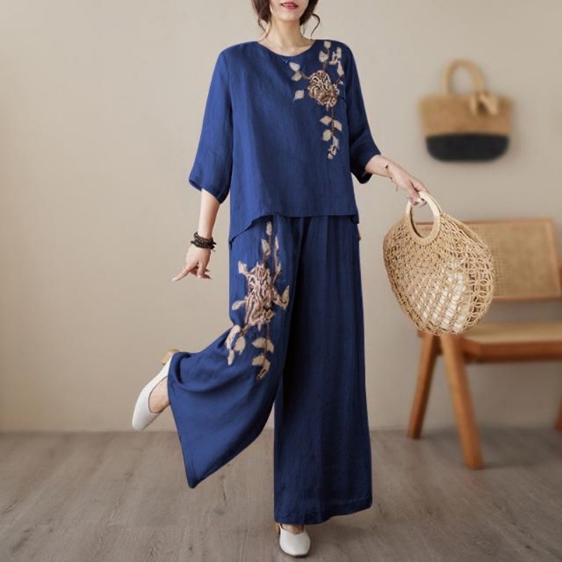 린넨 코튼 투피스 세트 여성 자수 상의 와이드 레그 팬 - Linen Pant Wide 리뷰 및 가격