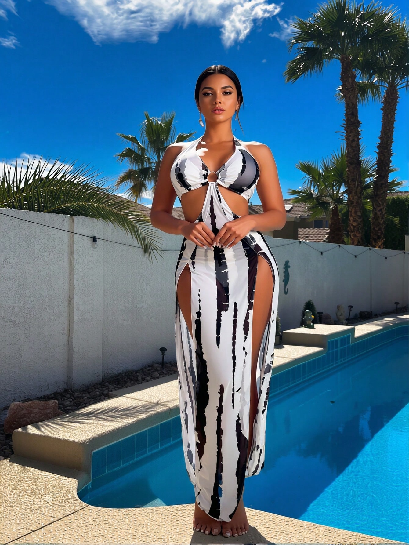새로운 블랙 화이트 타이다이 3피스 비키니 세트, 홀터 - Maxi Dress Halter 리뷰 및 가격