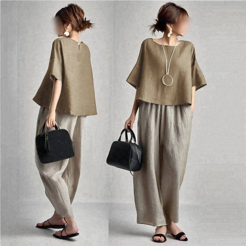 투피스 여성 팬츠 세트 솔리드 매칭 세트 반팔 O넥 탑 - Linen Pant Wide 리뷰 및 가격
