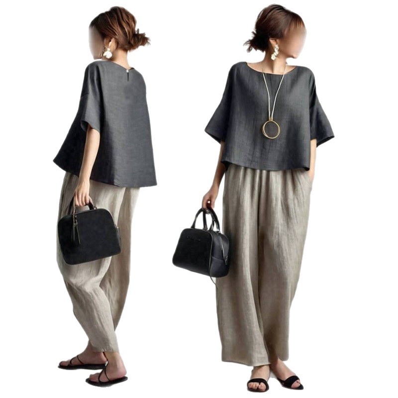 투피스 여성 팬츠 세트 솔리드 매칭 세트 반팔 O넥 탑 - Linen Pant Wide 리뷰 및 가격
