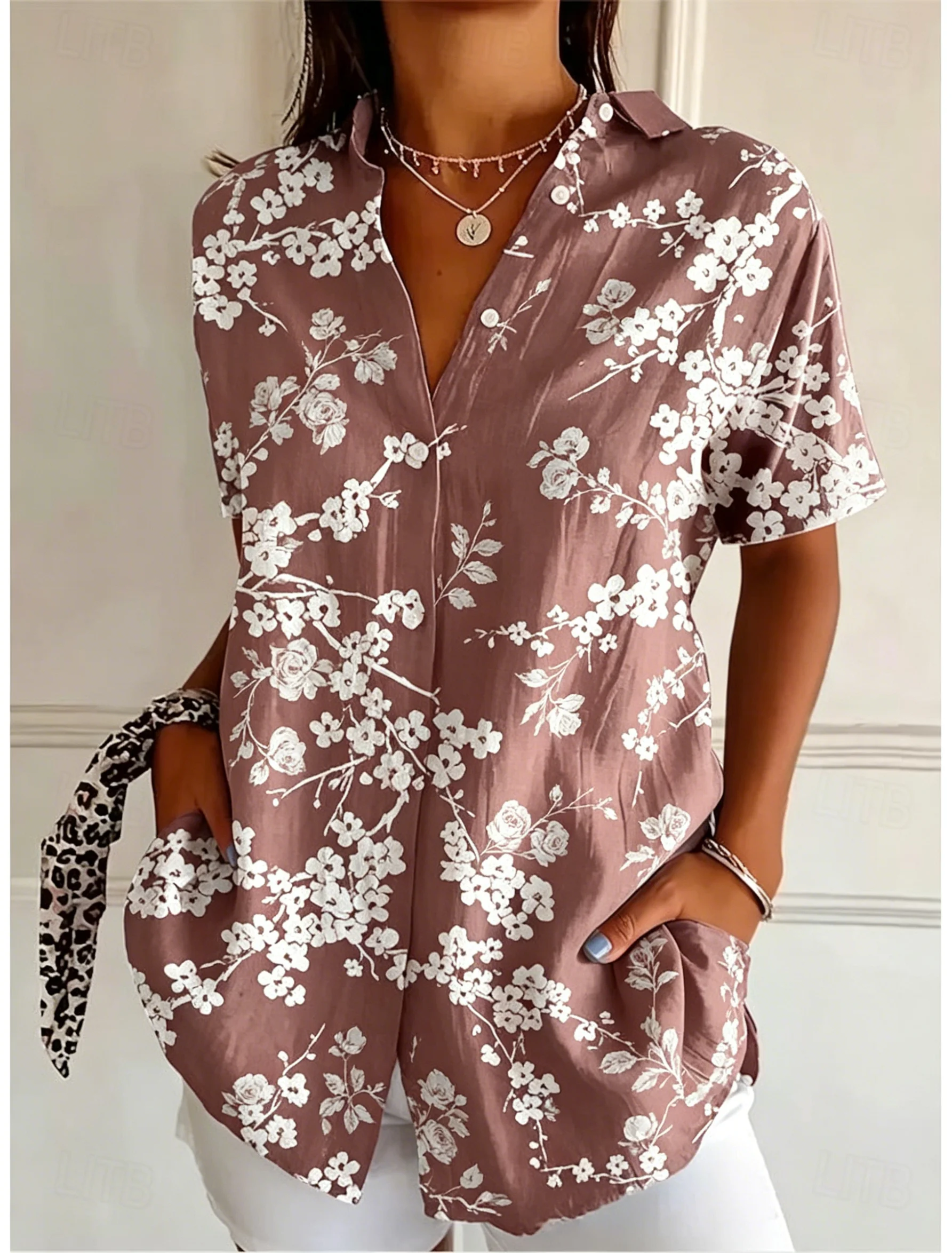 여성용 반팔 플로럴 프린트 버튼다운 캐주얼 셔츠 브라운 - Romper Floral Print 리뷰 및 가격