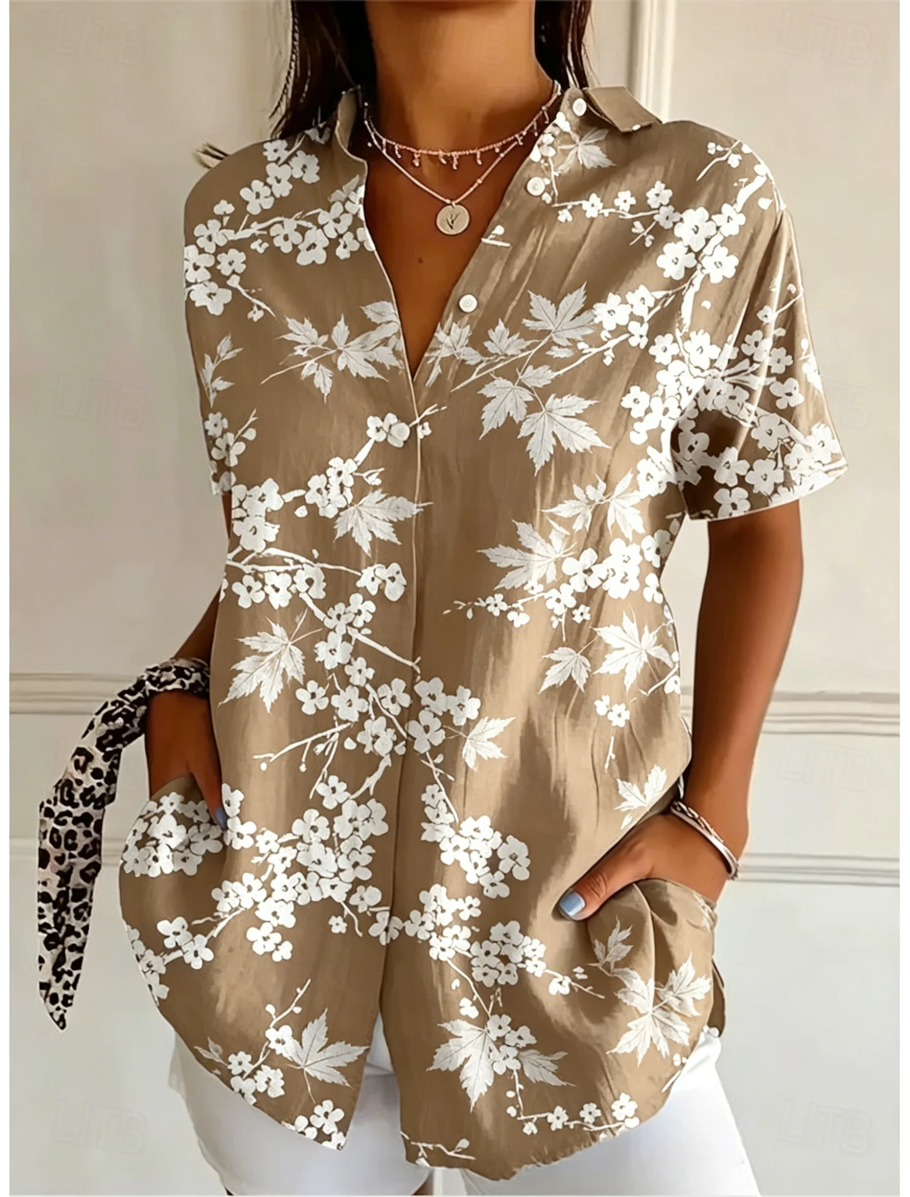 여성용 반팔 플로럴 프린트 버튼다운 캐주얼 셔츠 브라운 - Romper Floral Print 리뷰 및 가격